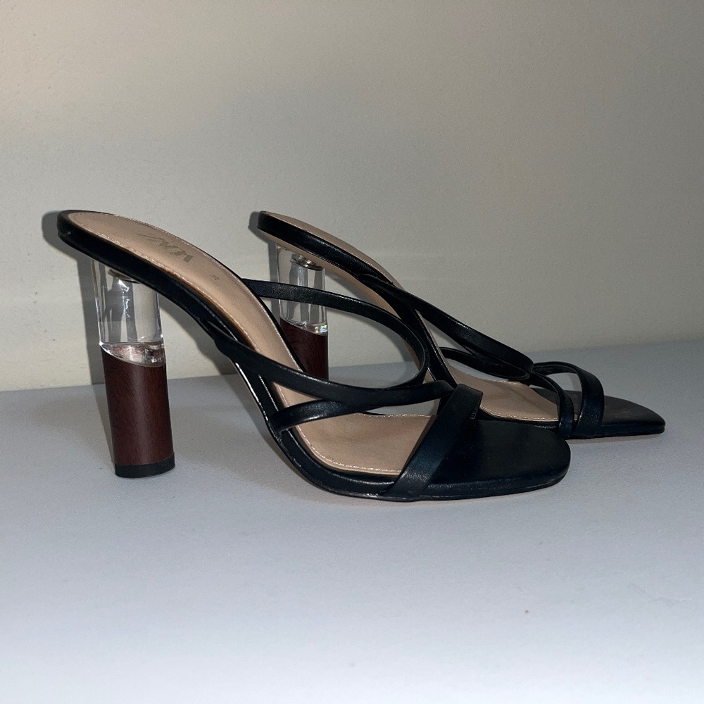 Open Toed Strappy Zara Heels with Lucite and Wood Heels